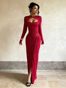 1pc Solid Color Elegant Knit Fabric Sleeveless Dress For Vacation Autumn - Burgundy - View 1