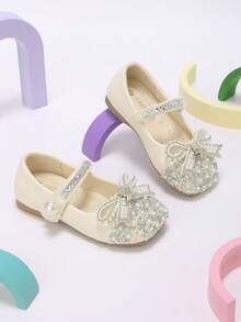 Girls' Cream White Exquisite Pearl & Rhinestone Bow Mary Jane Shoes, Suitable For Autumn Banquet And Holiday Party Outfits - Beige - View 6