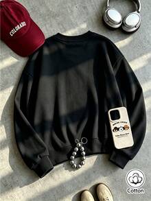 Unisex Loose Fit Pullover Hoodie With Lip Print & Letter Graphic, Streetwear Style, Breathable & Cozy For Fall Winter Daily Wear - Black - View 2