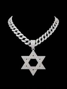 European And American Hip Hop Heavy Work Full Rhinestone Hexagram Pendant Cuban Chain Necklace Unisex Exaggerated Rhinestone Thick Chain American Rap Street Style Fashion Gold And Silver Dual Color Versatile Collarbone Chain - Hexagram Pendant Necklace - View 3
