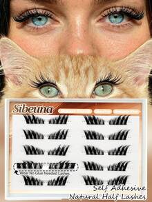 Sibeuna 10 Pairs Half-Length Self-Adhesive Cat Eye False Eyelashes, Pre-Glued Transparent Band Faux Mink Lashes, Waterproof, Suitable For Daily Eye Makeup, Beginner-Friendly - Black - View 1