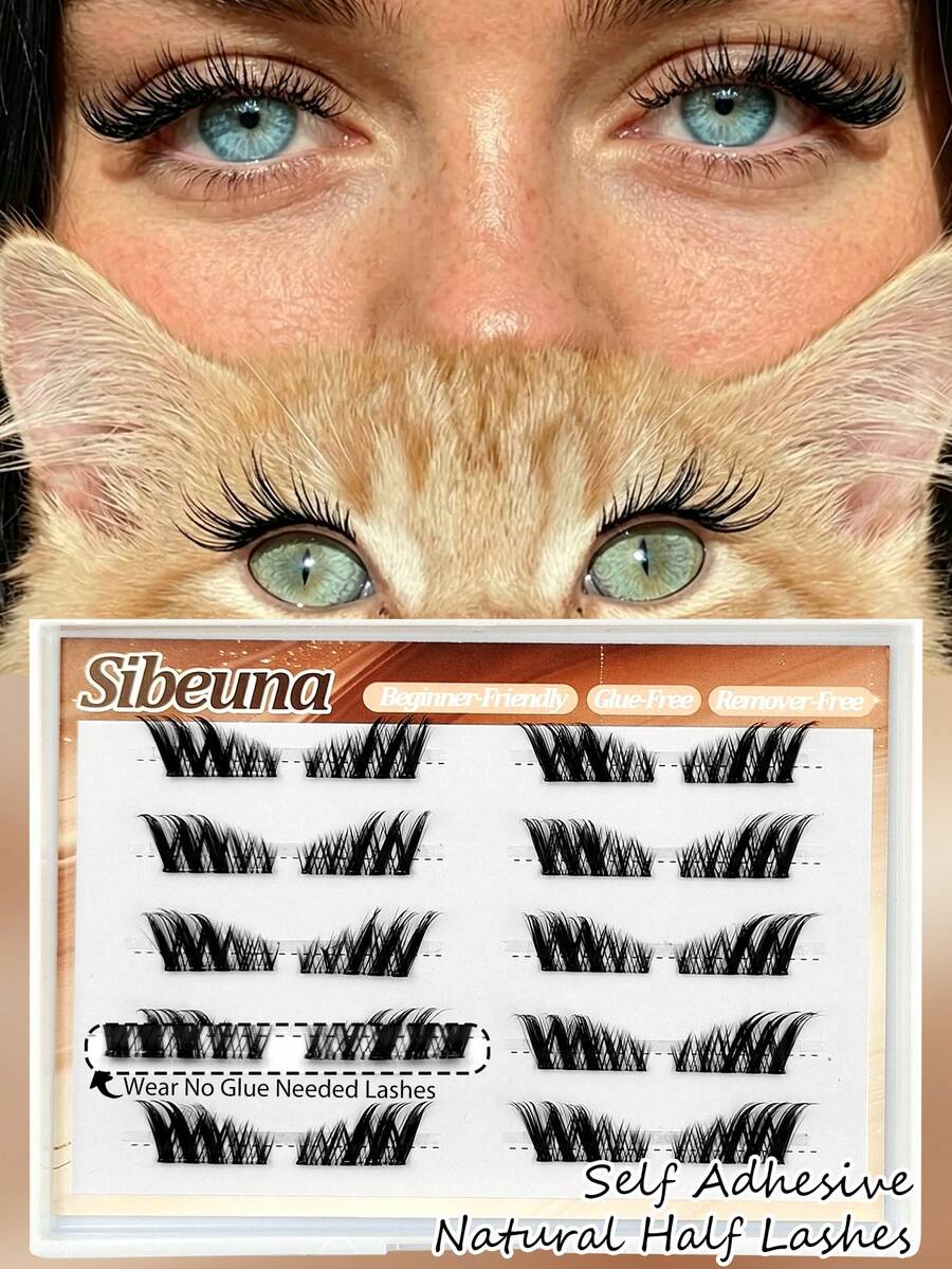 Sibeuna 10 Pairs Half-Length Self-Adhesive Cat Eye False Eyelashes, Pre-Glued Transparent Band Faux Mink Lashes, Waterproof, Suitable For Daily Eye Makeup, Beginner-Friendly - Black - View 1