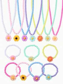 14pcs Multi-Color Daisy Pendant Necklace Charm Beaded Bracelet Children Jewelry Set Suitable For Holiday Party Birthday Gift Daily Wear - Multicolor - View 9