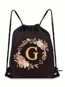 1pc Floral Wreath Alphabet Initial Drawstring Backpack, Letter Print Drawstring Bag, Light Sports Gym Sack, Portable Storage Bag For Travel Sports - Black - View 25