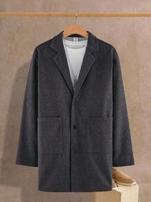 Men's Wool Blend Blazer Coat With Lapel Collar, Business Casual Double Pockets Mid-Length Overcoat, Fashionable Outerwear - Grey - View 2