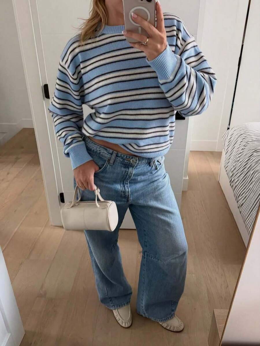 FOR BEAUTY Fall Winter Women Knit Tops Elegant Casual Vacation Light Blue Striped Round Neck Loose Sweaters Pullover Daily Outfits - Multicolor - View 1