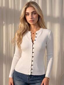 JustMiss Women's Open Front Round Neck Long Sleeve Fitted Waist Knit Cardigan, French Vintage Commuter Style, Spring Autumn - White - View 2