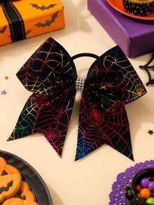 1pc Halloween Gradient-Colored Spider Web Print Bow Hair Tie,Rhinestones Decor,Elegant Fashion Exquisite Hair Tie,Halloween Party Hair Accessory,Kids - Multicolor - View 3