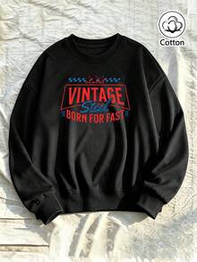 Retro Street Style Loose Fit Crew Neck Sweatshirt For Young Adults With Vintage Letter Print, Red & Blue Contrast Text, Checkerboard Pattern, - Black - View 4