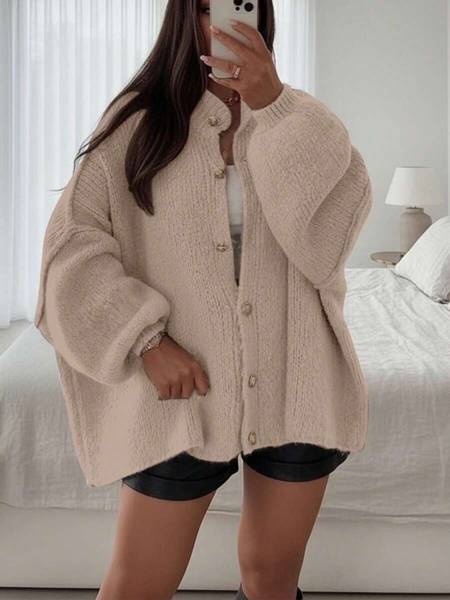 Joy Knit 女款秋冬針織毛衣 時尚新款－冬季針織開襟衫 極簡百搭 寬鬆版型 金屬鈕扣 長袖針織開襟衫 - 米杏色 - 查看 1