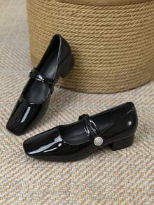Women's Colorblock Handmade Low Heel Mary Jane Pumps, Super Soft Leather Shoes With Chunky Heel, Comfortable For Commuting, All Season - Black - View 15