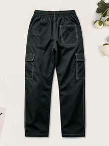 Men's Contrast Stitching Cargo Pants, Elastic Drawstring Waist, Multi-Pockets, Straight Leg, Black Casual Long Pants, Sports Autumn Style - Black - View 4