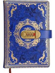 1pc Vintage Style Combination Lock Leather Notebook A5 Size Diary Lined Pages Floral Pattern - Multicolor - View 2