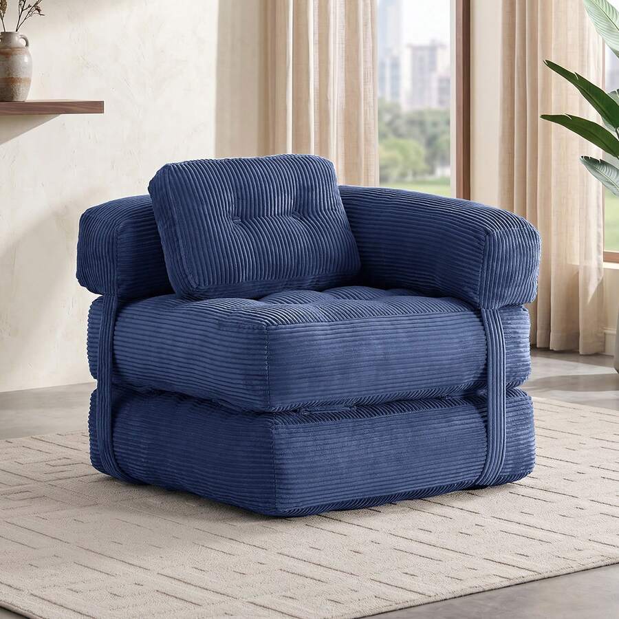 L-Shaped Corduroy Folding Sofa Bed, Multi-Functional Convertible Lazy Sofa For Small Spaces - Navy Blue - View 1