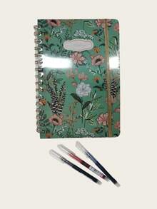 4pcs A5 Notebook Set, Includes 3-Color Liquid Ink Pens + 1pc Notebook, Hardcover Floral Notebook With Pen Holder Strap, Metal Spiral Binding, Home Bill Tracking, Learning Knowledge Recording, Suitable As Gift, Student/Adult Girl Diary, Office/Study Supplies, Birthday Gift, School Stationery - Multi-color - View 12
