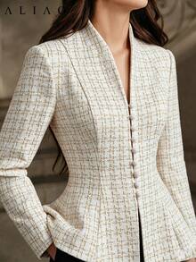 Aliao Autumn/Winter Plaid Shiny Fabric Ruffle Collar Long Sleeve Slim Fit Elegant Jacket, Date Party French Court Style Outerwear Wedding Guest Outfit - White - View 2