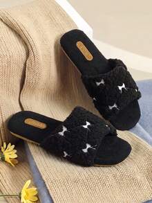 Women's Bowknot Flat Slippers, Indoor/Outdoor Fuzzy Plush Open Toe Slides For Autumn/Winter - Black - View 12