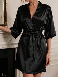 1pc Women's Personalized Kimono Robe With Custom Text And Black Heart Print, Bridal Party Sleepwear Bathrobe - Multicolor - View 4