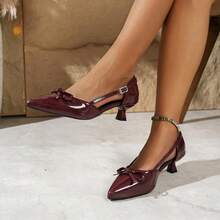 2026 Spring/Summer New French Vintage Women's Burgundy Glossy PU Leather Bow Backless Kitten Heel Pointed Toe Comfortable Date Pumps, Made In China - Burgundy - View 12