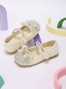 Girls' Cream White Exquisite Pearl & Rhinestone Bow Mary Jane Shoes, Suitable For Autumn Banquet And Holiday Party Outfits - Beige - View 7