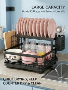 VOOVA 2 Tier Carbon Steel Kitchen Counter Dish Rack Strainer, Large Capacity Tableware Storage Organizer Shelf With Removable Drainboard & Side Caddy Holder For Home Cooking Area - Black - View 4