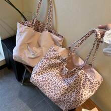 Korean Style Pink Leopard Print Canvas Tote Bag Women 2026 New Versatile Large Capacity Daily Commute Shoulder Bag - Multicolor - View 2