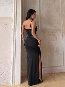 1pc Solid Color Elegant Knit Fabric Sleeveless Dress Beach Summer - Black - View 4