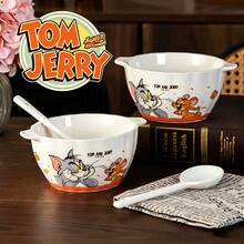 TOM AND JERRY. وعاء سيراميك بمقبض مزدوج بتصميم شخصية كرتونية، وعاء لطيف للشوفان والزبادي والفطور والسلطة - متعدد الألوان - مشاهدة 1