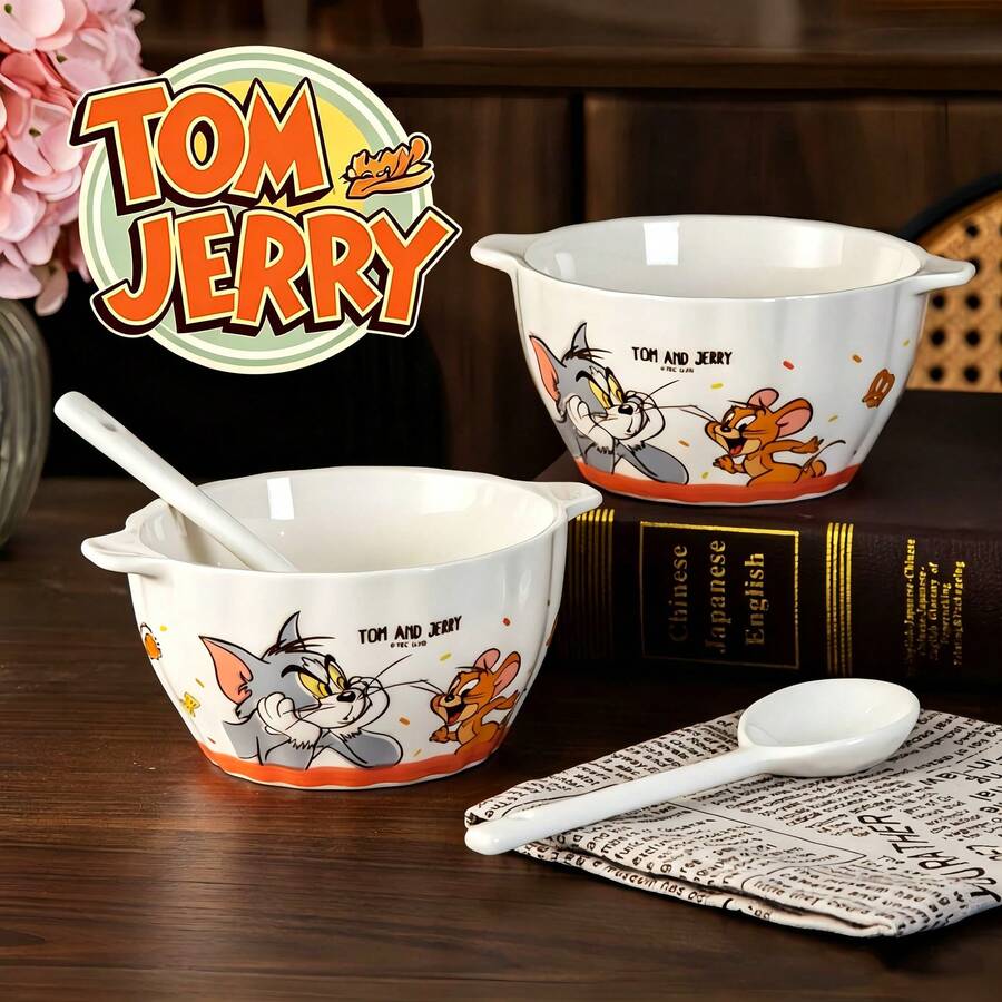 TOM AND JERRY. وعاء سيراميك بمقبض مزدوج بتصميم شخصية كرتونية، وعاء لطيف للشوفان والزبادي والفطور والسلطة - متعدد الألوان - مشاهدة 1