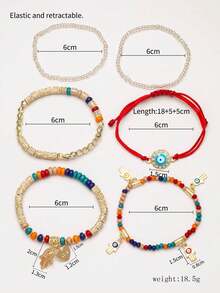 6pcs Fashionable Middle Eastern Style Mixed Evil Eye & Palm Decor Multi-Layer Bracelet Set For Women - Multicolor - View 3