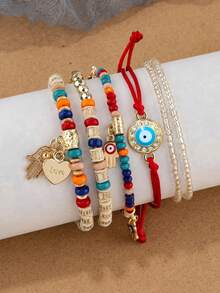 6pcs Fashionable Middle Eastern Style Mixed Evil Eye & Palm Decor Multi-Layer Bracelet Set For Women - Multicolor - View 1