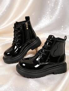 1 Pair Girls' Boots, Soft Mirror PU Material, Soft Sole With Height Increase And Inner Zipper Design, Fashionable British Style Ankle Boots, Suitable For Boys And Girls Students Daily School And Holiday Wear, Autumn/Winter New Style - Black - View 6