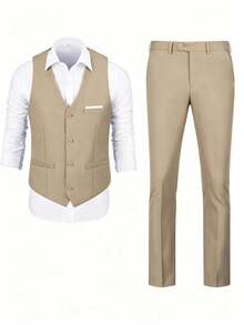 Men's 2 Pieces Suit Set, Vest And Suit Pants, Solid Color Formal Suit Vest And Trousers Set, Business Wedding Party Commute Wear - Champagne - View 3