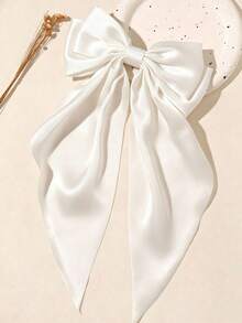 4Pcs Kids Girls Satin Large Bow Hair Clips Solid Color Long Ribbon Design Hair Barrettes Sweet Style Hair Accessories For Daily Party Holiday - White - View 4
