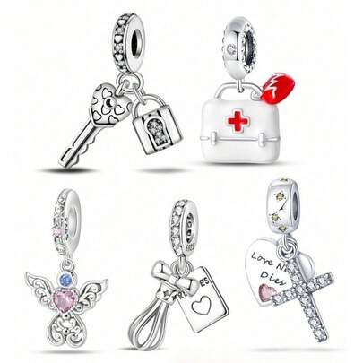 1pc Silver-Plated Multi-Meaning Charm Beads, Heart Lock & Key, Medical First Aid Kit, Pink Diamond Angel, Bow Tag, Cross Heart, Rhinestone & Enamel Craft, Suitable For Bracelet & Necklace, Handmade DIY Jewelry, Blessing & Confession Commemorative Accessory