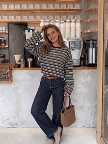 Women's Basic Knit Striped Long Sleeve Cropped T-Shirt, Autumn Outfit, Autumn Top, Commute Fashion Styling. - Coffee Brown - View 6