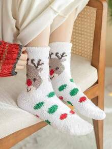 3 Pairs Random Assorted Women's New Christmas Warm Anti-Cold Soft Coral Fleece Floor Socks, Fun Fashionable Cute Mid-Calf Socks, Suitable For Christmas Home Party Wear And Daily Gifting - Multicolor - View 4