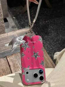 Premium Laser Full Screen Star Polka Dot Blingbling Irregular Rhinestone Sequin Pattern Phone Case Compatible With IPhone 18 Pro Max 18 Pro 17 Pro Max 16 Pro Max 15 Pro Max 14 Pro Max 13 Pro Max 12 Pro Max 16 Plus 11 Y2K Hanging Rope Lanyard Soft Cover - Hot Pink - View 2
