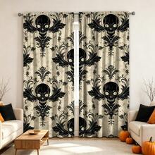 2PCS Halloween Curtains, Retro Distressed Beige Background Black Skull Ornate Print, Halloween Gothic Style Decorative Window Drapes For Home Decoration - Multicolor - View 10