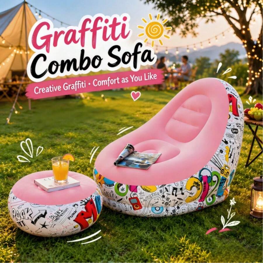 1pc Graffiti Inflatable Lazy Sofa Set, Foldable Flocked Inflatable Lounge Chair, Portable Air Sofa For Indoor Outdoor Relaxing Use