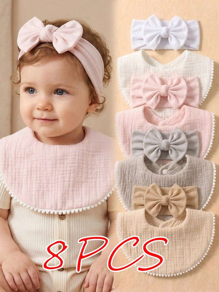 8PCS Candy Color Soft Elastic Baby Hair Accessories, Skin-Friendly Baby Bibs & Drool Cloths Set, Suitable For Daily Use - Multicolor - View 1