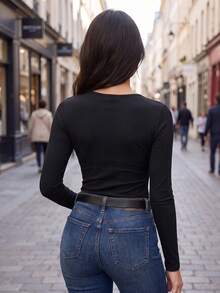 Women's Black Knitted Long Sleeve Crew Neck Ribbed Top, Medium Stretch Slim Fit, Suitable For Autumn - Black - View 7