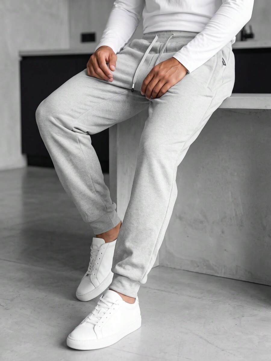 Blueprint Man 1pc Men's Light Gray Jogger Sweatpants, Elastic Drawstring Waist Adjustable For Different Waist Sizes, Soft Knit Fabric, Comfortable And Skin-Friendly, Casual Minimalist Style, Suitable For Daily Wear And Commuting, Men's Long Pants - Light Grey - View 1