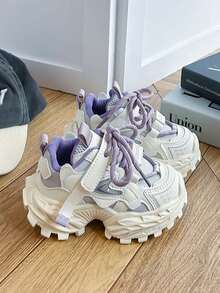 Kids' Hook And Loop Chunky Sneakers, Thick Sole Breathable Unisex Sports Shoes - Purple - View 8