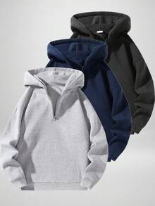 Men's Half Zip Up Hoodie, Solid Color Loose Drop Shoulder Long Sleeve Casual Pullover Hooded Sweatshirt - Grey - View 9