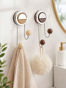 1pc Strong Suction Cup Wall Hook Double Hook Design Stainless Steel & Wood Bathroom Storage Rack Towel Bath Brush Accessory Organizer Kitchen Bedroom Living Room Home Decor Storage Solution - Multicolor - View 2
