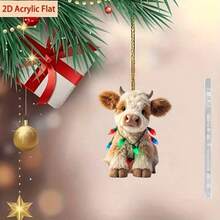 2 Pcs 2D Flat Acrylic Christmas Cow Decorations, Highland Cow Christmas Light String Hanging Pendants, Suitable For Wreaths, Garlands, Door Decor, Perfect For Christmas, Christmas Tree Decoration, Fun Farm Animal Holiday Decor Gift - Multicolor - View 2