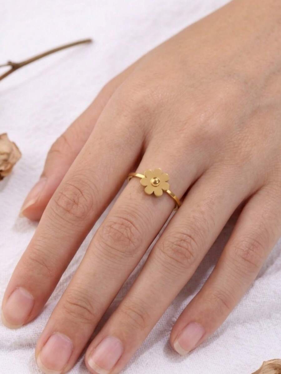 1pc Stainless Steel 18K Gold Plated Polished Small Flower Ring, Gentle Fresh Elegant, Suitable For Dress And Daily Wear, Versatile Hand Accessory - Small Flower Ring - View 1