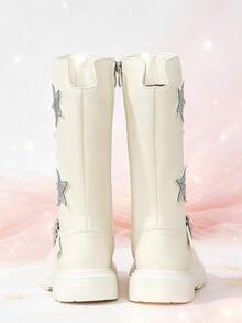 1 Pair Girls' Tall Riding Boots, Silver Star + Flower Rhinestone Decor, Elastic Soft Sole With Inner Zipper Design, Cute Princess Style Long Boots, Suitable For Daily Wear, School, Holidays, Parties, Autumn/Winter New - Apricot - View 5