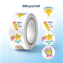500pcs/Roll School Student Cartoon Reward Stickers, 1 Inch Round 4 Patterns, Gift Box Packaging, Children Reward Stickers, Scrapbook Stickers DIY Decoration, PVC Self-Adhesive Label Stickers - Multicolor - View 1
